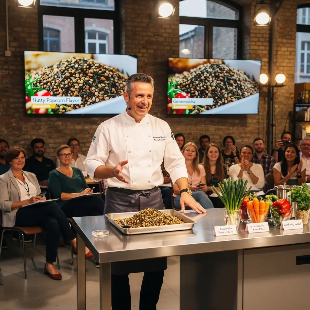 Gourmet Genmaicha dans un sachet, avec des illustrations colorГ©es et attrayantes.